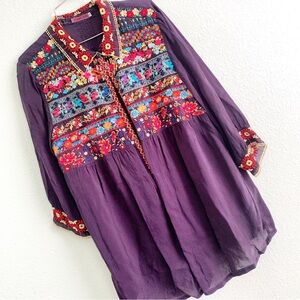 JOHNNY WAS boho embroidered long sleeve tunic blouse top shirt button up Large